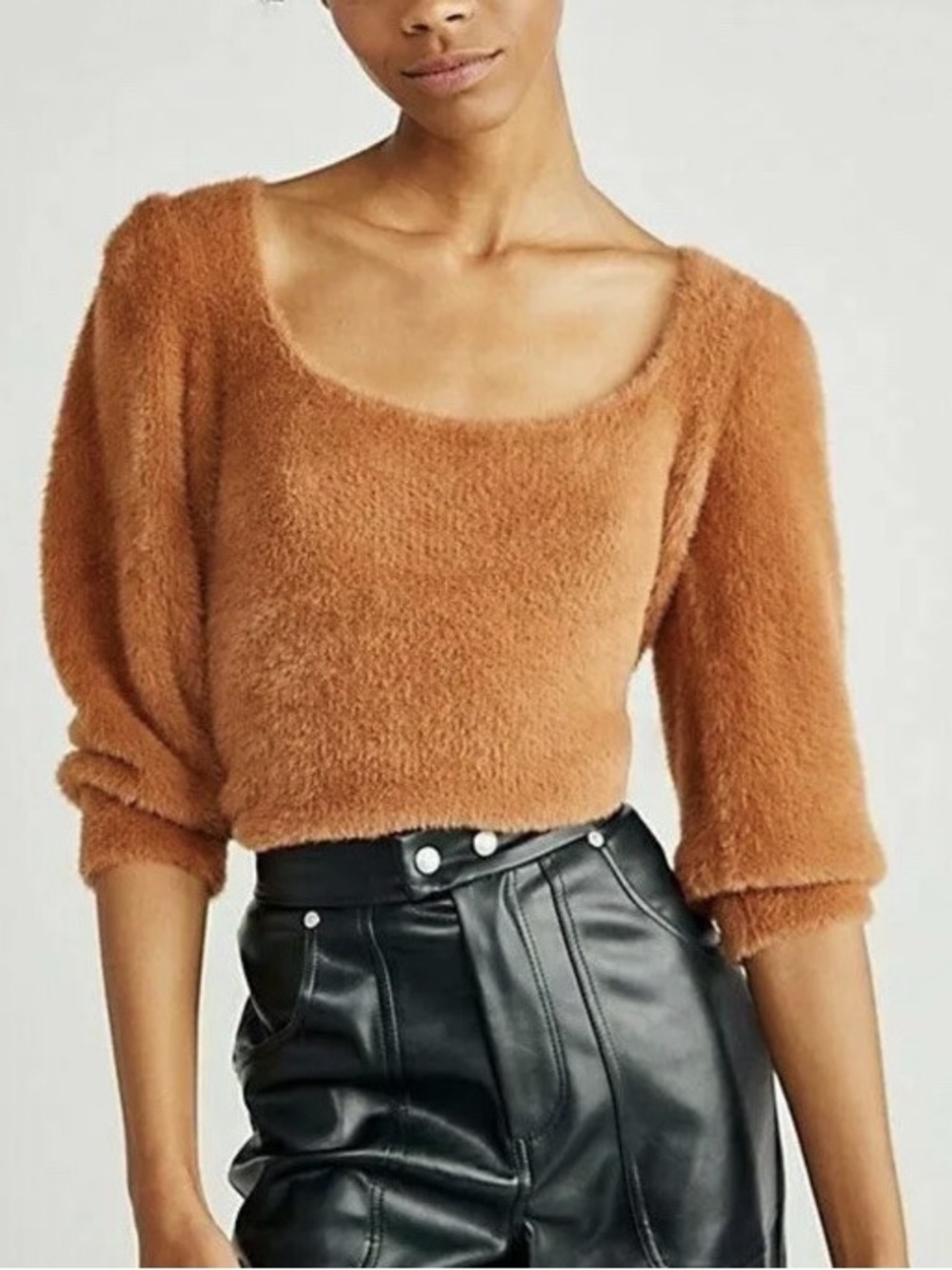Free People Moonbeam Camel Brown Fuzzy Knit Top Cozy Boho Puff Sleeve Size S